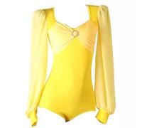 TJDWPRRD Costumes de Danse Latine élastiques Justaucorps de Danse Cha Cha Salsa à Manches Longues Haut de Body Tango Salle de Bal pour Dames Vêtements de Danse Pratique pour Rumba,Jaune,XL