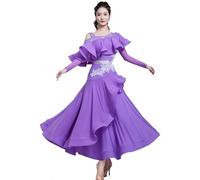 TJDWPRRD Robe de Concours de Danse de Salle de Bal pour Femme Tenue de Spectacle de Danse de Valse Exquise Costumes de Flamenco Foxtrot Jupe Standard Nationale à Manches Longueses,C,XL