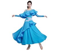 TJDWPRRD Robe de Concours de Danse de Salle de Bal pour Femme Tenue de Spectacle de Danse de Valse Exquise Costumes de Flamenco Foxtrot Jupe Standard Nationale à Manches Longueses,B,L