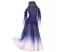 TJDWPRRD Robe de Concours de Salle de Bal Jupe de Performance Flamenco à Col Haut Costumes de Danse Valse Dégradée avec Strass Tenue de Danse Standard Nationale,Bleu,XL