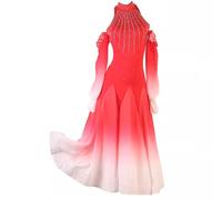 TJDWPRRD Robe de Concours de Salle de Bal Jupe de Performance Flamenco à Col Haut Costumes de Danse Valse Dégradée avec Strass Tenue de Danse Standard Nationale,Rouge,XXL