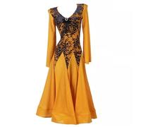 TJDWPRRD Robe de Danse Valse pour Femmes Vêtements Performance Salle de Bal Tango Costume de Danse Foxtrot Foxtrot à Manches Longues Tenue de Danse de Salsa Standard Classiques,Jaune,XXL