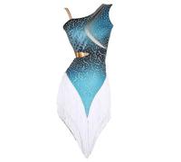 TJDWPRRD Robe de Performances de Danse Salle de Bal Costume de Concours Latin Exquis pour Dames Vêtements de Danse Salsa Tango à Pompons Jupes de Danse Cha Cha sans Manches,A,M