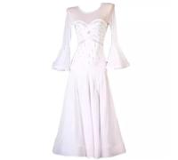 TJDWPRRD Robes Concours Salle de Bal Tenue de Danse Waltz Tango avec Strass Costumes de Entraînement Flamenco Salsa pour Femmes Vêtements de Danse Foxtrot Standard à Manches Longues,Blanc,XXL