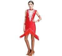 TJDWPRRD Robes Danse Latine Jupe Spectacle Salsa Tenue Tango à Franges | Encolure Ronde Sans Manches Modèle Raffiné Dos Nu Strass Col Montant Entraînement Broderie
