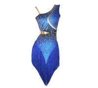 TJDWPRRD Robes de Compétition Latine Professionnelle Tenue de Danse Salsa Tango à Pompons pour Dames Jupe de Danse de Salon Cha Cha Dos Nu Vêtements de Danse Exquis pour Rumba Samba,Bleu,XXL