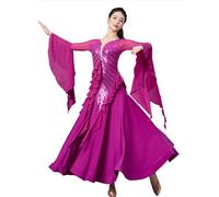 TJDWPRRD Robes de Concours de Valse Professionnelle Costumes de Performances de Salle de Bal à Paillettes Jupe Flamenco Salsa Femme Vêtements de Danse Foxtrot Manche de Trompette,Violet,3XL