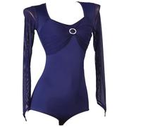 TJDWPRRD Robes de Danse de Salle De Bal pour Dames Justaucorps D'entraînement de Danse Latine à Manches Longues Costume de Performance Tango Salsa Noir Haut de Body Cha Cha Respirant,Bleu,M