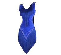 TJDWPRRD Robes de Danse Latine à Col en V Tenue de Concours de Danse Salsa Tango à Pompons Costumes Salle de Bal sans Manches Vêtements de Danse Cha Cha pour Femmes avec Strass,Bleu,S