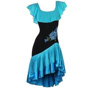 TJDWPRRD Robes de Danse Latine pour Dames Vêtements de Performances de Danse de Salle de Bal Tenue de Danse Pratique Salsa Tango Brodés Costumes D'entraînement Cha Cha sans Manches,Bleu,M