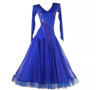 TJDWPRRD Robes de Performance de Danse de Salle de Bal pour Femmes Costumes D'entraînement Flamenco Tango de Cou en V Vêtements Pratique De Valse Tenue de Danse Standard Nationale,Bleu,XXL