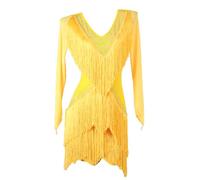 TJDWPRRD Tenue de Danse de Performance Latine à Pompon Vêtements de Danse de Compétition de Salle de Bal à Manches Longues Robes de Danse Salsa Tango à Col en V Vêtements Cha Cha,Jaune,S