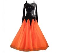 TJDWPRRD Tenue de Danse du Concours de Valse Robe de Danse de Salle de Bal à Manches Longues Jupe Flamenco Foxtrot pour Femme avec Strass Costume de Danse Salsa Exquis,A,XL