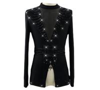TJDWPRRD Tenues Latine pour Hommes Costume Salsa Tango Justaucorps Ballet | Manches Longues Col Montant Raffiné Strass élégant Haut Body Compétition Spectacle Classique
