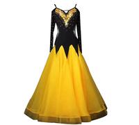 TJDWPRRD Vêtements de Danse Concours de Salle de Bal Robes de Performances de Valse pour Femmes Costumes de Salsa avec Strass Brodés Tenue de Danse Flamenco Foxtrot Exquise,Jaune,XXL