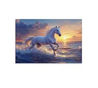 TJLROUVNK Le cheval blanc au galop Murale Peinture Art Tableau Decoration Coucher de soleil par la mer Affiche Decoration Murale Art Mural Sur Toile Image Peinture Salle Cadeau Anniversaire