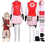 Tjmiaohao Anime Character Haruno Sakura Cosplay Costume Outfit Jeu de Rôle Uniforme Perruque Coiffe Ensemble Complet Halloween Carnaval Party Dress Up Costume pour Femmes Filles (M)