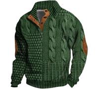 TJOS Hauts pour hommes décontractés et intelligents pour hommes, pull en tricot vintage imprimé loisirs de plein air col montant fermeture éclair quart pull hommes (vert, 3XL)