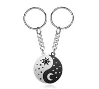 TJUSPIRIT Paire de porte-clés en forme de puzzle avec gravure soleil, étoiles et lune en acier inoxydable pour amoureux, famille, amis, partenaires, argenté, S