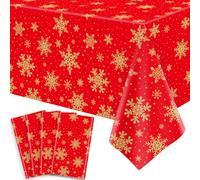 TJYJOY 4 Paquets Nappes de Noël Nappes de Table Flocon de Neige Golden Snowflake Red Backdrop Table Covers Christmas Party Decorations for Winter Christmas Holiday New Year Party Supply 51 x 86 inch