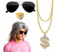 TK Gruppe Timo Klingler Set de mule 4 en 1 avec perruque assi, chaîne en or, lunettes - pour le carnaval et les déguisements des années 80 et 90