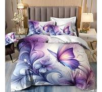 TKCQX 3D Violet Fleur Papillon Housse de Couette 200x200 Enfant GarçOn Fille Adulte Parure de Lit 200x200 Fleurs Housse de Couette 1 Personne en Microfibre avec Taie d'oreiller 65x65 cm