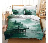 TKCQX Architecture de Style Japonais Housse de Couette 220x240 Bateau en Bambou Vert Nature Paysage Parure de Lit Enfant GarçOn Fille Adulte Housse de Couette en Microfibre avec Taie 65x65 cm
