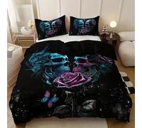 TKCQX Couple Noir Housse de Couette 220x240 CrâNe Gothique Fleur Rose Pourpre 3D Parure de Lit Enfant GarçOn Adulte Housse de Couette 2 Personnes en Microfibre avec Taie d'oreiller 65x65 cm