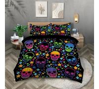 TKCQX CrâNe Coloré Parure De Lit 90x190 pour 1 Personne Impression 3D D'éToiles ColoréEs Gothiques Housse De Couette 90x190 Microfibre Douce avec Fermeture éClair pour GarçOns Ado Adultes