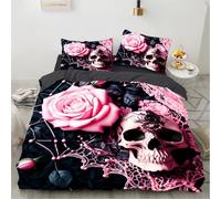 TKCQX CrâNe Rose Housse de Couette 220x240 Enfant GarçOn Fille Adulte Parure de Lit 220x240 Squelette Gothique Imprimé 3D Housse de Couette 2 Personnes Sets de Housse de Couette en Microfibre