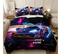 TKCQX Parure de Lit 140x200 Enfant Voiture de Sport Housse de Couette Enfant Speed Racing Housse de Couette 1 Personne 3D Cars Housse de Couette en Microfibre avec Taie d'oreiller 65x65 cm