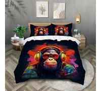 TKCQX Singe Coloré Parure de Lit 240x260 Impression 3D de Singe Musical Housse de Couette 2 Personnes Microfibre Douce GarçOns Filles Adultes Sets de Housse de Couette Taie d'oreiller 65x65 cm