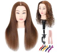 TKIMHEQ Tête de mannequin femme de 45,7 cm avec cheveux 100 % humains - Tête d'entraînement à la coiffure - Tête de mannequin pour coiffeur - Avec pince incluse - Couleur marron