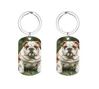 TKJMCSW Porte-clés mignon bouledogue anglais pour femme et homme en acier inoxydable avec photo personnalisée pour clés de voiture, badges, cartes, portefeuille, breloques de sac à main en argent