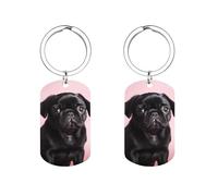 TKJMCSW Porte-clés mignon en forme de carlin noir pour femme et homme en acier inoxydable avec photo personnalisée pour clés de voiture, badges, cartes, portefeuille, breloques de sac à main en argent