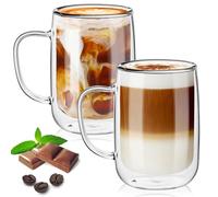 TKNO Lot de 2 tasses à café en verre à double paroi de 350 ml - Tasses à thé isothermes et isothermes, verres incurvés vers l'intérieur de style barista avec poignées, élégantes tasses en borosilicate