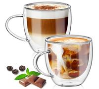 TKNO Lot de 2 verres à café à double paroi de 380 ml - Tasses isothermes en verre transparent de style barista pour latte, cappuccino, blanc plat, tasses à expresso borosilicate résistantes à la