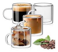 TKNO Lot de 4 tasses à thé en verre à double paroi de 280 ml - Tasses à café transparentes isothermes avec poignées, ensemble de tasses à expresso et latte en borosilicate résistant à la chaleur