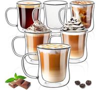 TKNO Lot de 6 tasses à café à double paroi avec poignée, en verre borosilicate résistant à la chaleur pour café, thé, lait, jus, crème glacée, boissons chaudes et froides, 350 ml