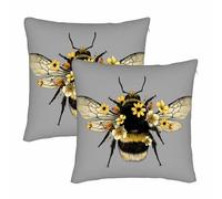 TKS MITLAN Lot de 2 housses de coussin décoratives carrées en forme de bourdon moelleux avec ailes - Croquis mouche, insecte, fleur jaune, biologie d'été, entomologie, décoration extérieure - 45,7 x
