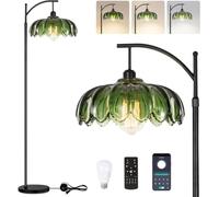 TkTsjtle Lampadaire arqué pour salon, lampe sur pied à intensité variable avec télécommande et interrupteur au pied, lampe haute en verre vert en forme de fleur, style bohème moderne du milie