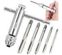 Tkxjry 6 Pièces Tarauds et Filières Tourne a Gauche Coffret Taraud, Clé pour Porte-taraud à Poignée en T×1+Tarauds à main×5, M3 M4 M5 M6 M8 Clé à Taraud Réglable, pour Porte-taraud à Poignée en T HSS