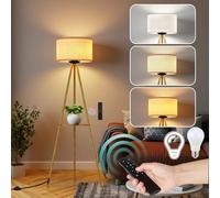 TLGREEN Lampadaire Trépied avec Étagères, Lampadaire LED Dimmable avec 3 Températures de Couleur, Lampadaire sur Pied avec Abat-Jour en Lin, Télécommande, pour Salon, Chambre, Bureau, avec E27 Ampoule
