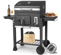 TLSUNNY Barbecue Charbon de Bois, Chariot à Barbecue XXL, Grand Grill à Charbon avec Couvercle, 2 Tables d'Appoint, 2PCS Roues, Thermomètre, BBQ Fumoir pour Camping et Jardin, Gris
