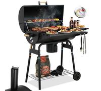 TLSUNNY Barbecue Charbon de Bois, Chariot à Grill avec Couvercle, Cheminée, Thermomètre, Bac à Cendres Amovible, Tablettes Pliables, 2PCS Roues, BBQ Fumoir pour Jardin et Camping, 6-8 Personen