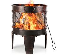 TLSUNNY Brasero 58 x 42 cm, Rond, Aspect Rouille Antique, cheminée avec poignée et tisonnier, brasero Polyvalent pour Le Jardin, cheminée de Jardin, Foyer Extérieur Multifonction