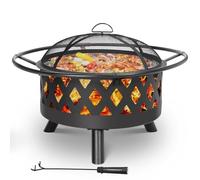TLSUNNY Brasero de Jardin, Ø 76 cm Brasero Exterieur Terrasse, avec Grille, Protection Étincelles & Tisonnier, Multifonctionnel, Noir, pour Le Barbecue et Le Chauffage