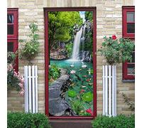 TMANQ Sticker De Porte Trompe L'Oeil Effet 3D Intérieure Muraux Paysage De Poissons De Cygne Cascade Stickers Salle De Bain Cuisine Décoration 77X200Cm Auto Adhésif Art Papier Peint Peintures Autocoll