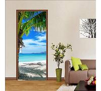 TMANQ Sticker Porte Trompe L'Oeil Effect 3D Pour Décoration Mur Salon Cuisine Chambre Salle De Bain Papier Peint 77X200Cm Palmier De Plage Bleu Auto Adhésif Amovible Art Decor Affiche