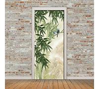 TMANQ Stickers Porte Poster 88X200Cm Perroquet Animal Bambou Vert 3D Papier Peint Porte Trompe L'Oeil Pour Salon Chambre Décoration De La Maison Stickers Muraux Imperméable Stickers Amovibles